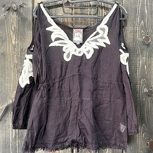 Yoana Baraschi Cold Shoulder Top M Black Lace Babydoll Boho Fringe Y2K Grunge